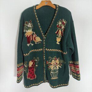 Vintage Womens Chirstmas Cardigan Sweater Green Holiday Ramie Cotton XL